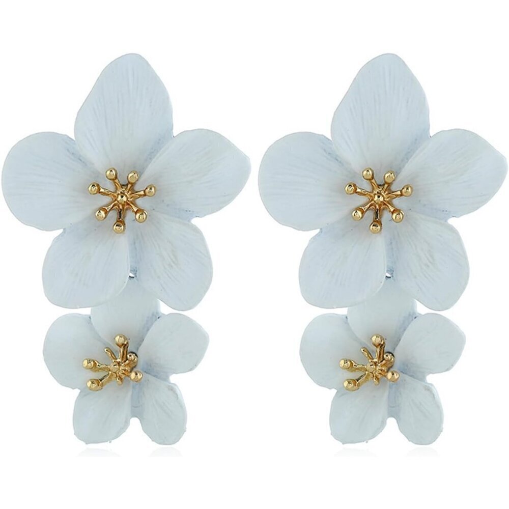 Women's White Elegant Double Flowers Dangle Layered Floral Petal Drop Earring
